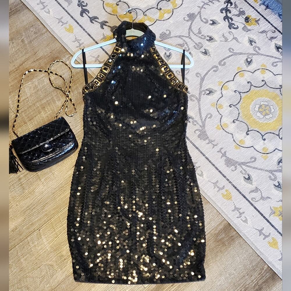 Niteline Black Gold Strapless halter Dress life of a showgirl 10